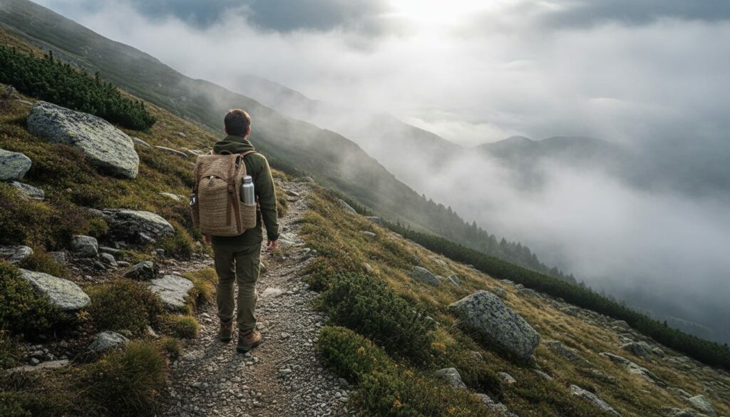 Hiker from behind holding reusable water bottle on misty mountain trail