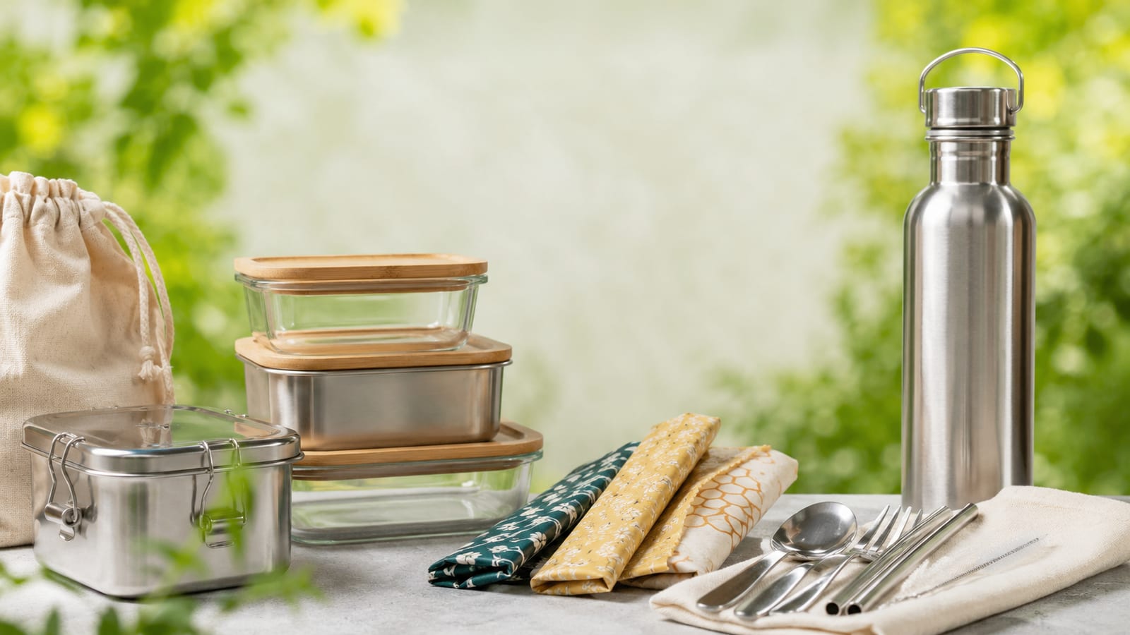Reusable hiking essentials including water bottle, containers, and metal utensils