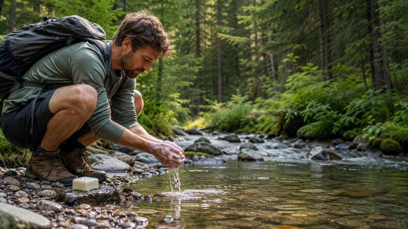 Hiker cleaning hands with biodegradable soap at a mountain stream