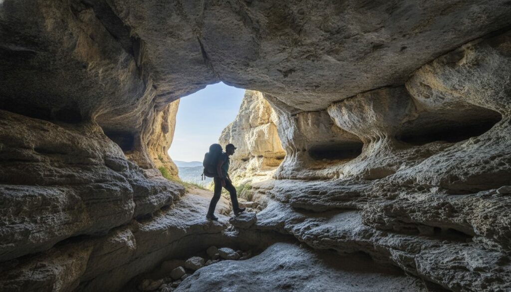 Hiker with headlamp entering cave opening, limestone rock formations visible