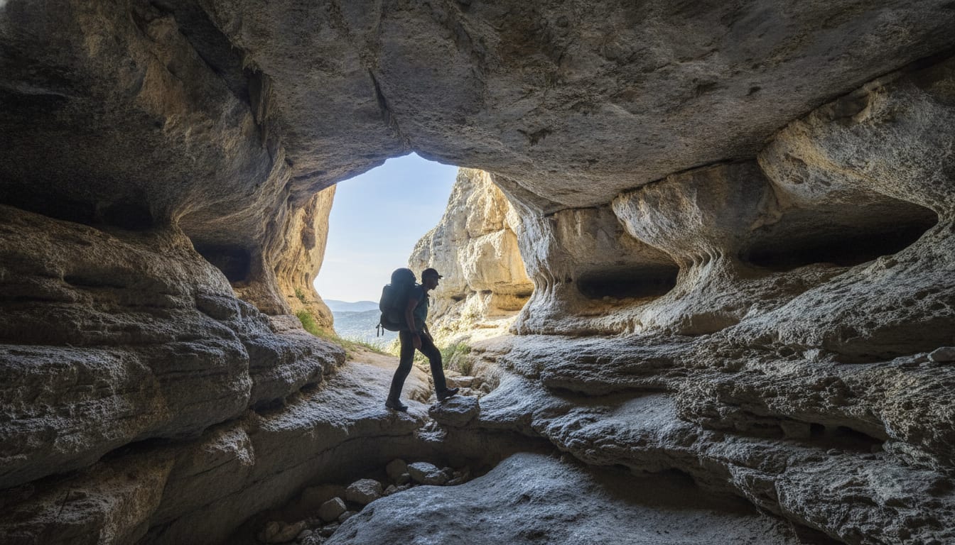 Hiker with headlamp entering cave opening, limestone rock formations visible