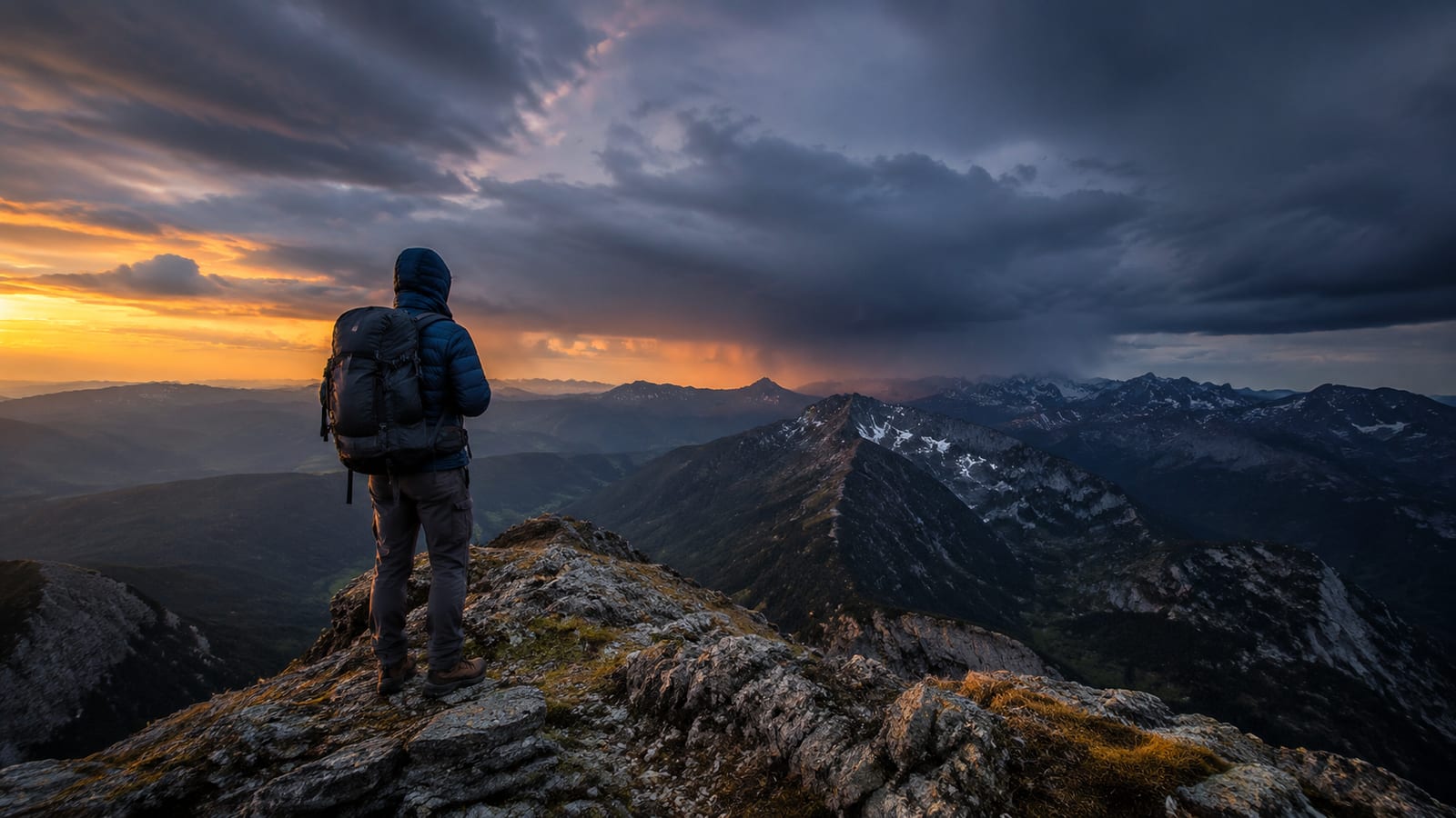 Hiker observing threatening storm clouds gathering over distant mountains from exposed ridge