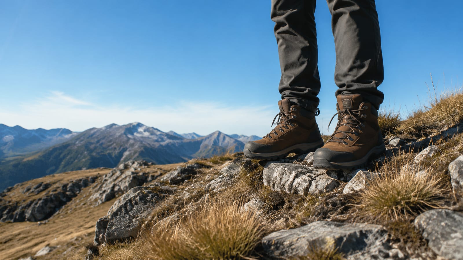 Hiker's perspective on rocky alpine terrain with environmental cues of wind and exposure