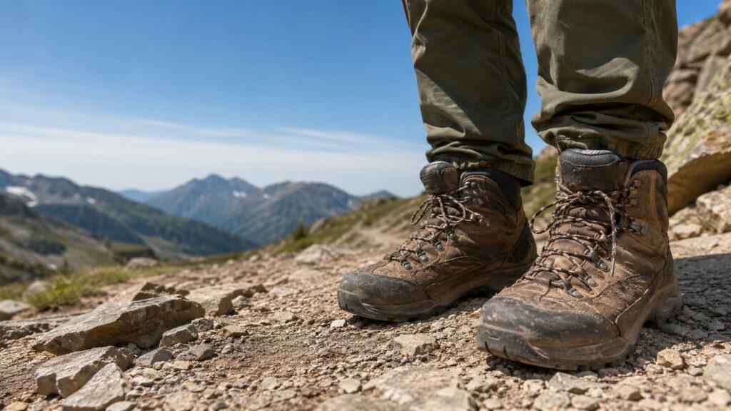 4 Fixable Reasons Your Feet Hurt After Hiking worn brown hiking boots on rocky mountain trail