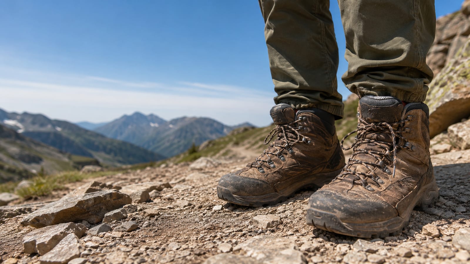 4 Fixable Reasons Your Feet Hurt After Hiking worn brown hiking boots on rocky mountain trail