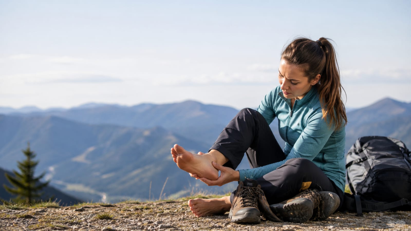 Woman sitting on mountain summit holding her bare foot, hiking boots removed