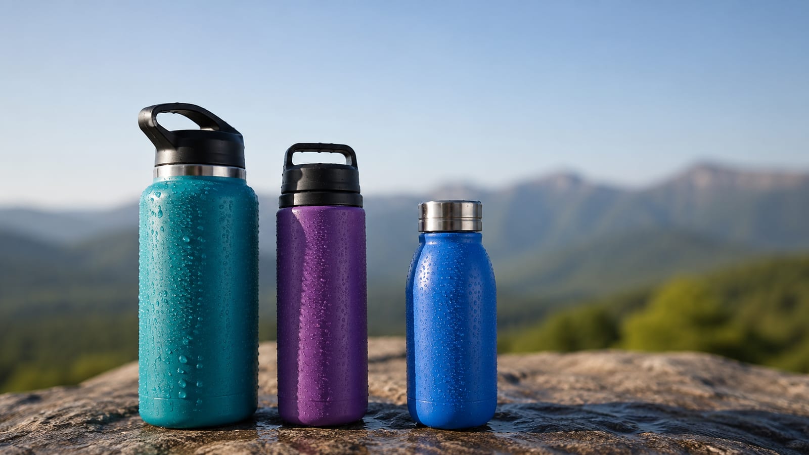 Three insulated water bottles side by side displaying different capacities and finishes with visible condensation