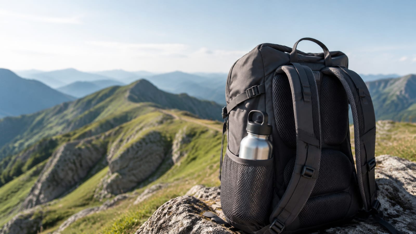 Insulated water bottle packed in backpack side pocket demonstrating secure storage during hiking