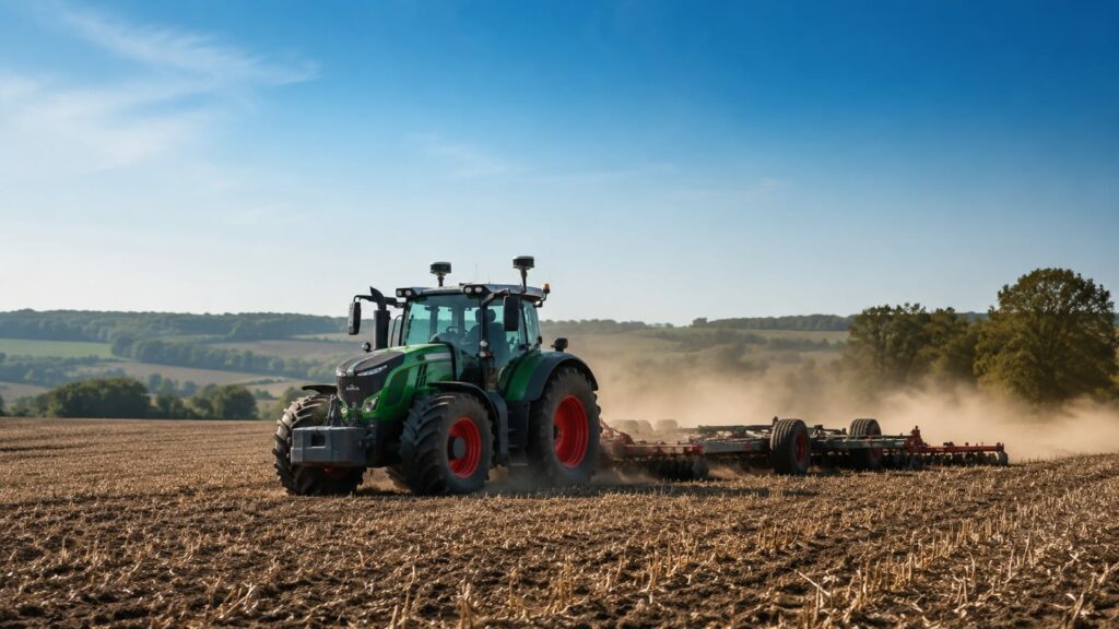 Tractor with dual GPS antennas on cab roof working in field