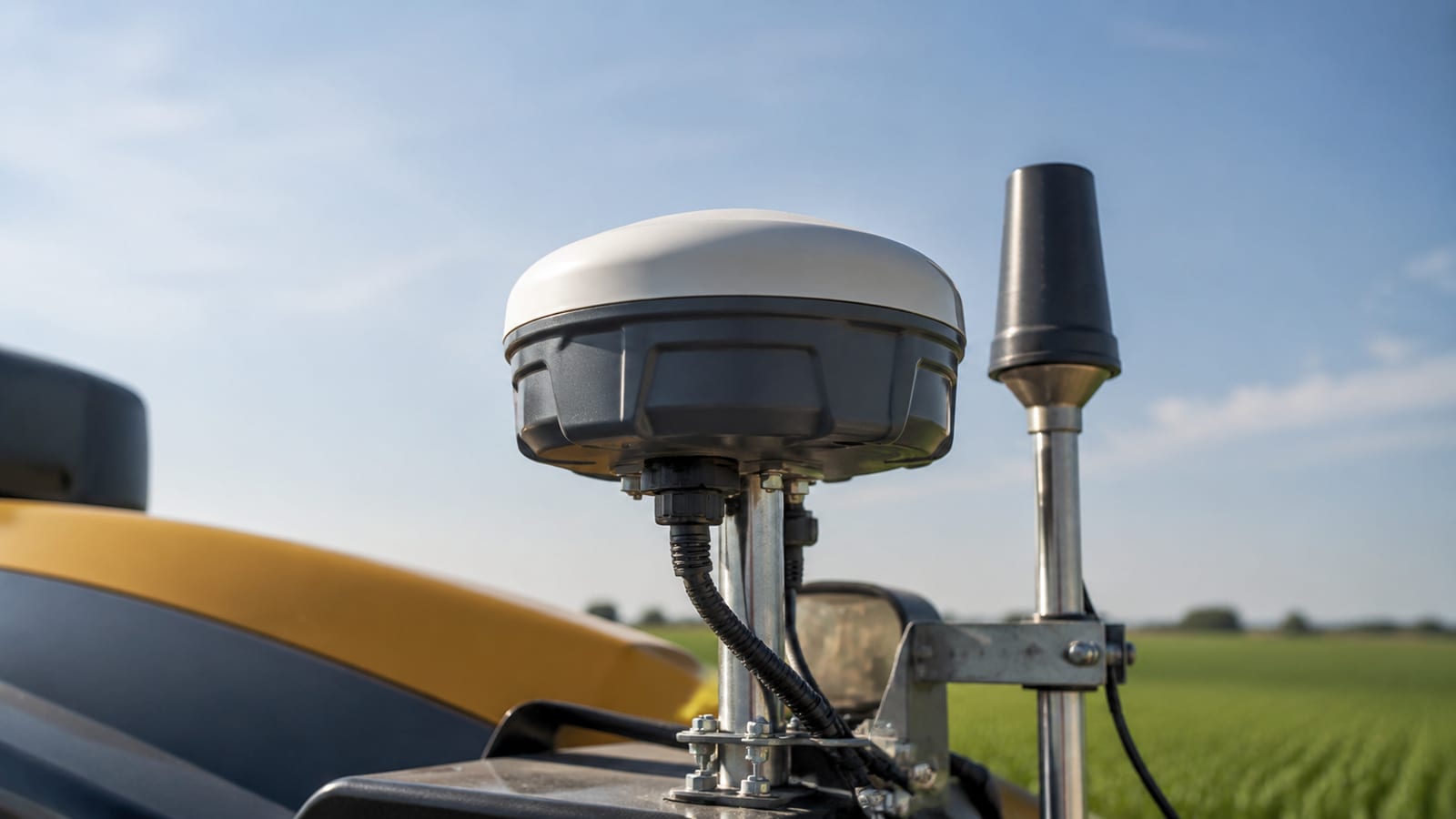 RTK GPS receiver and antenna hardware on farm equipment
