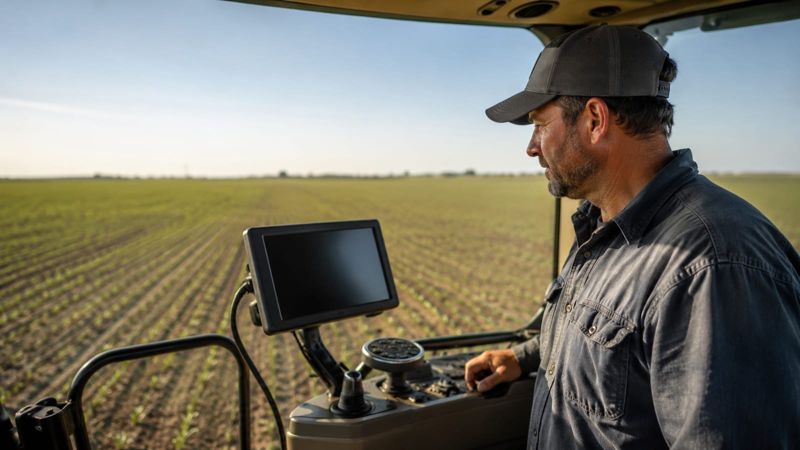 Farmer viewing GPS guidance console display in tractor cab
