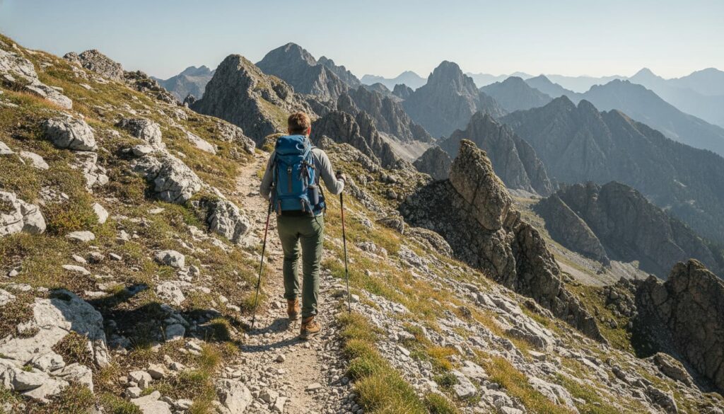 Hiker with trekking poles descending rocky trail with proper joint-conscious posture and form
