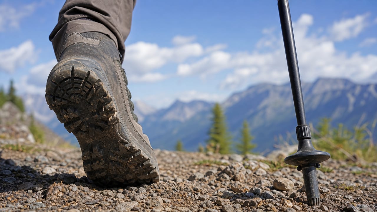 Hiking boot and trekking pole demonstrating proper joint-protective gear placement on rough terrain