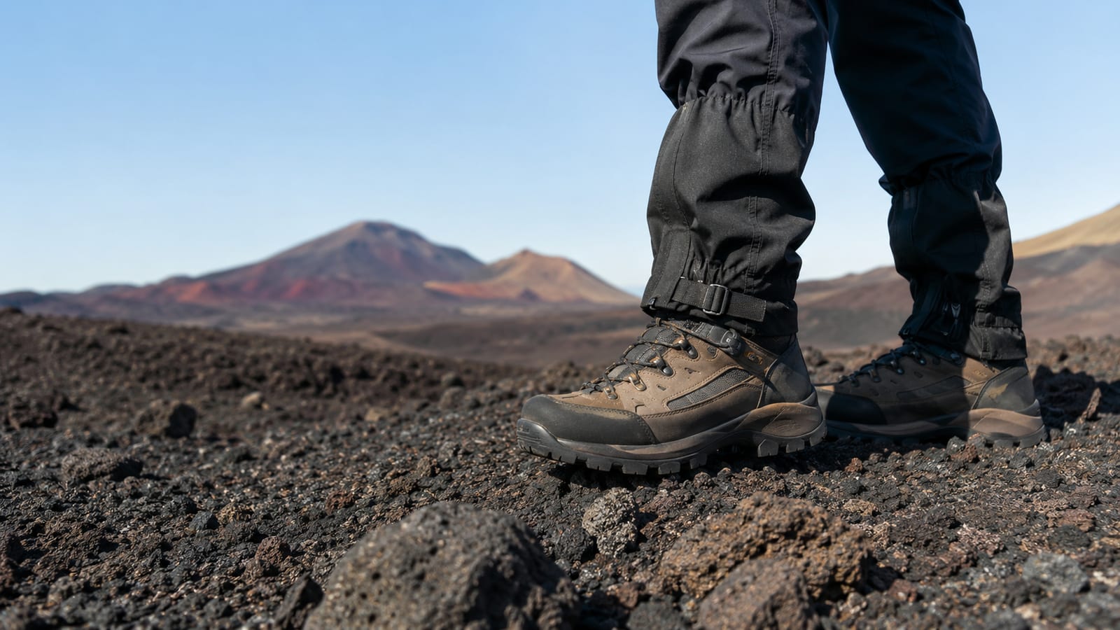 Hiker wearing gaiters and boots on black volcanic rock terrain
