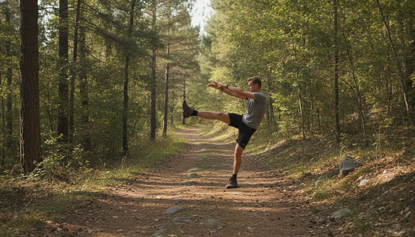 Stretch After Hiking, Not Before: What Actually Works — man balancing in leg-swing stretch on forest trail