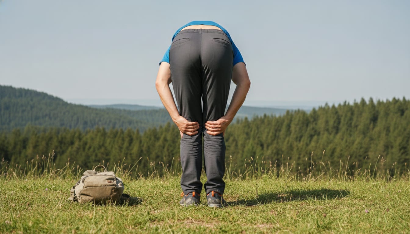 Hiker bends forward stretching hamstrings on grassy hilltop with backpack and forest view