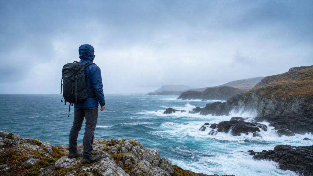 Hiker with backpack looks out over dramatic wave-battered Maine coastline from rocky cliff