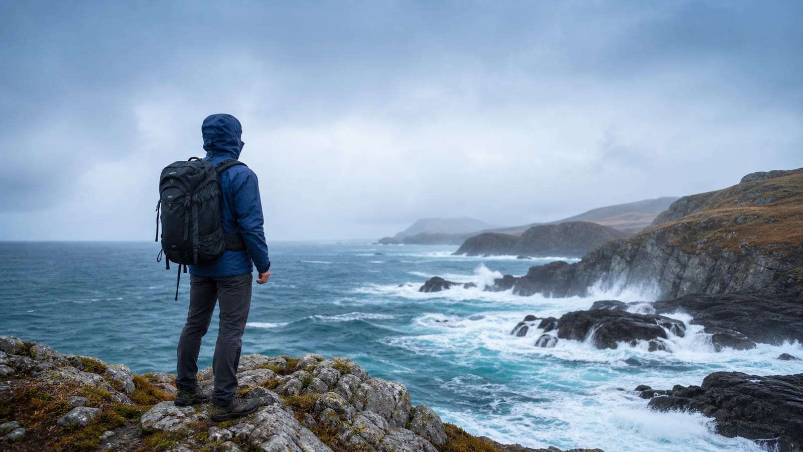 Hiker with backpack looks out over dramatic wave-battered Maine coastline from rocky cliff