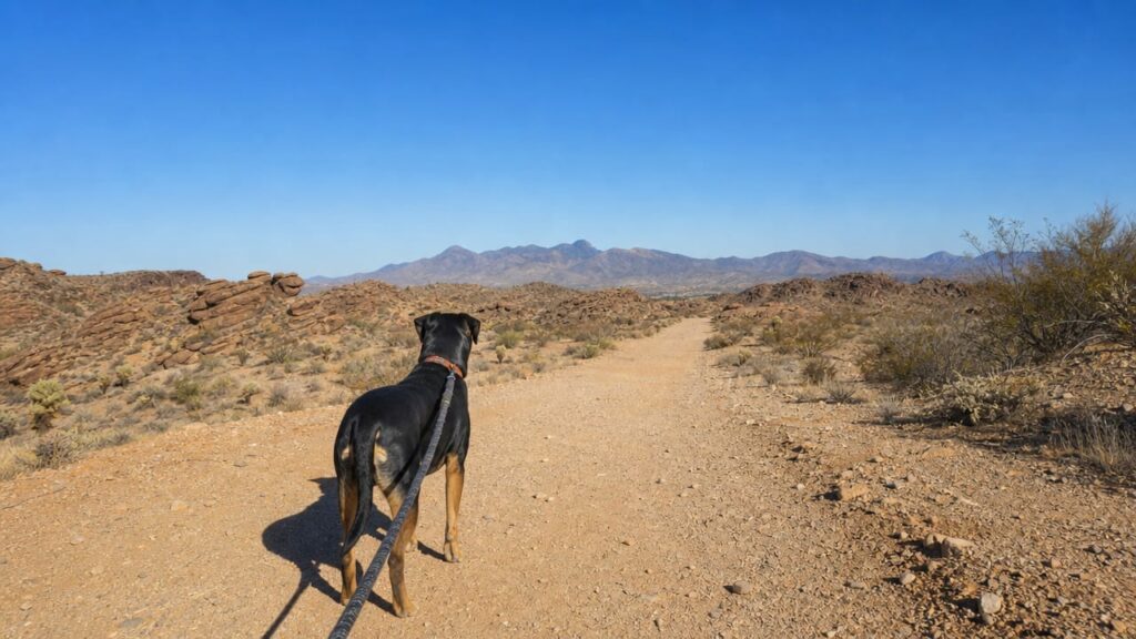 Black and tan dog on leash walking desert trail toward Arizona mountains