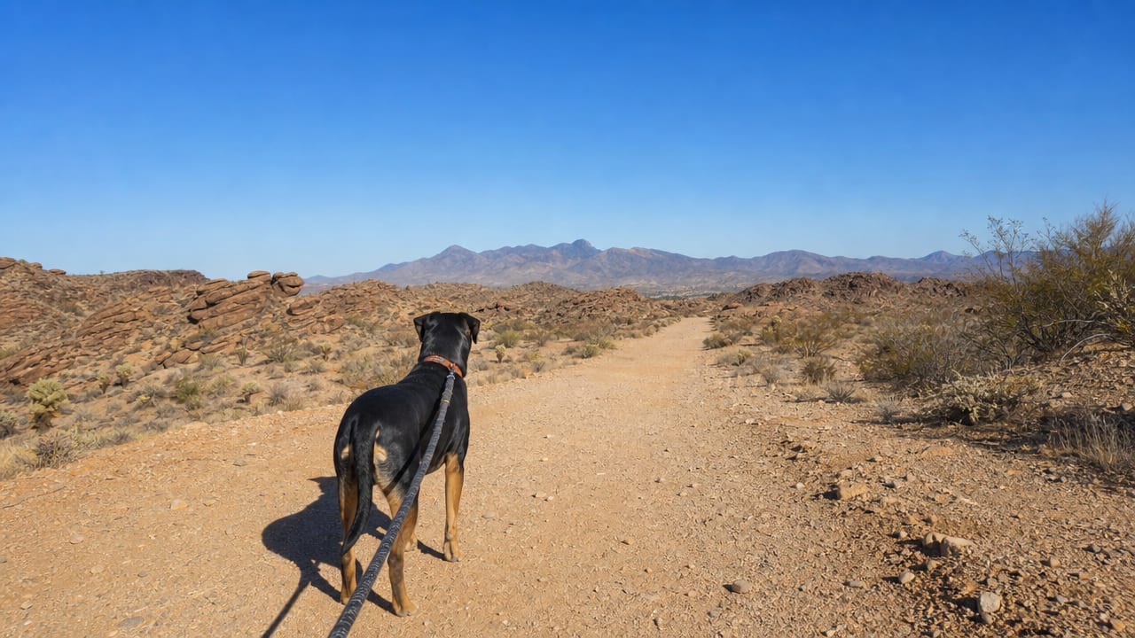 Black and tan dog on leash walking desert trail toward Arizona mountains