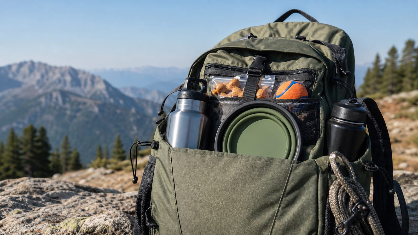 Hiking backpack with water bottles, collapsible dog bowl, and pet gear in organized pockets