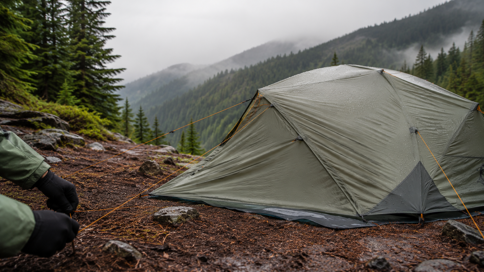 Hands tensioning guylines around a tent on saturated forest ground