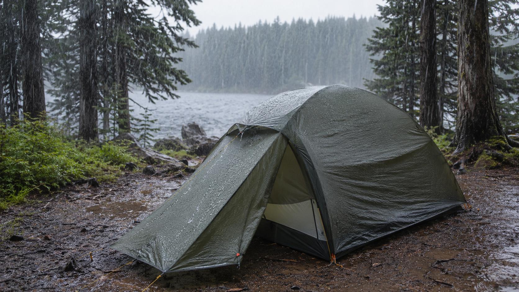 Waterproof backpacking tent pitched in heavy rain with taut fly and vestibule