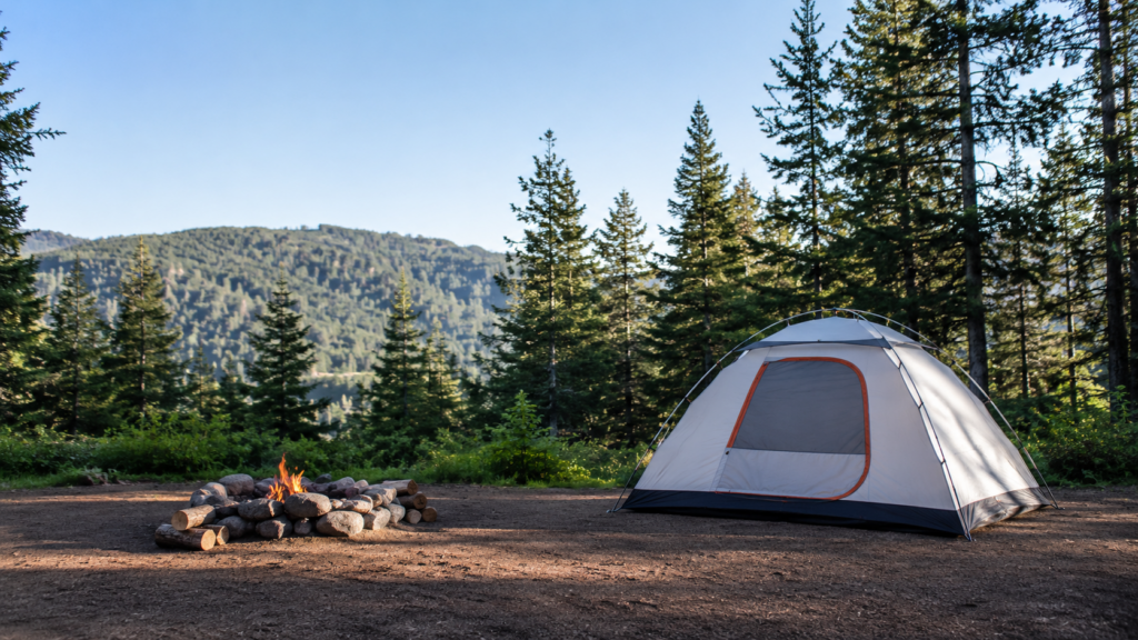 Dome tent pitched safely away from a contained campfire