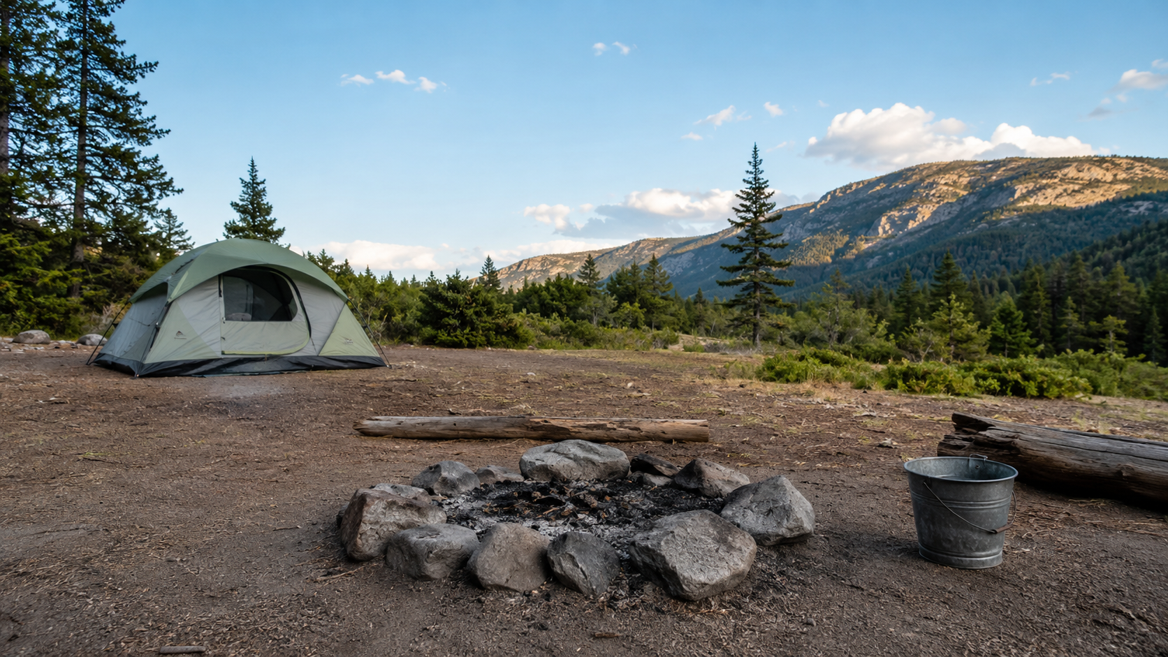 Tent, water bucket, and cleared space around a safe fire ring