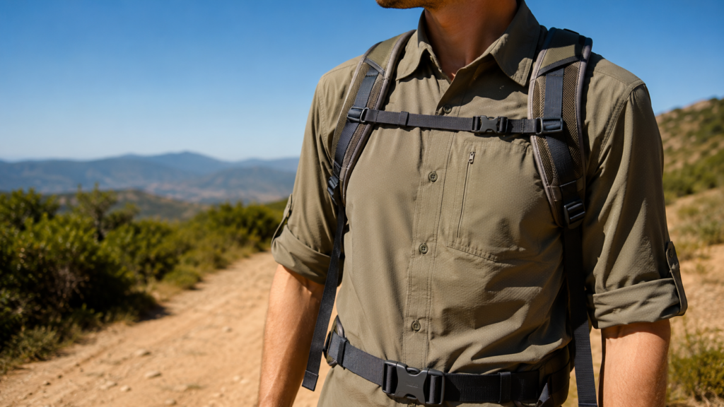 Lightweight hiking shirt on a sunny trail with backpack straps