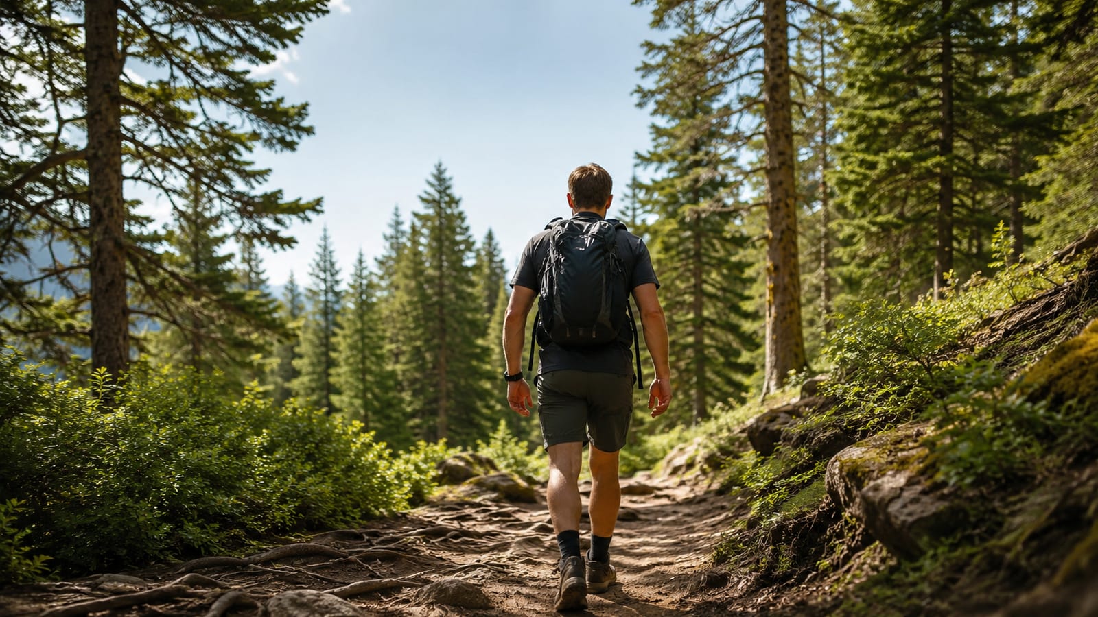 Short trails wind through a sunlit evergreen forest as a hiker walks away