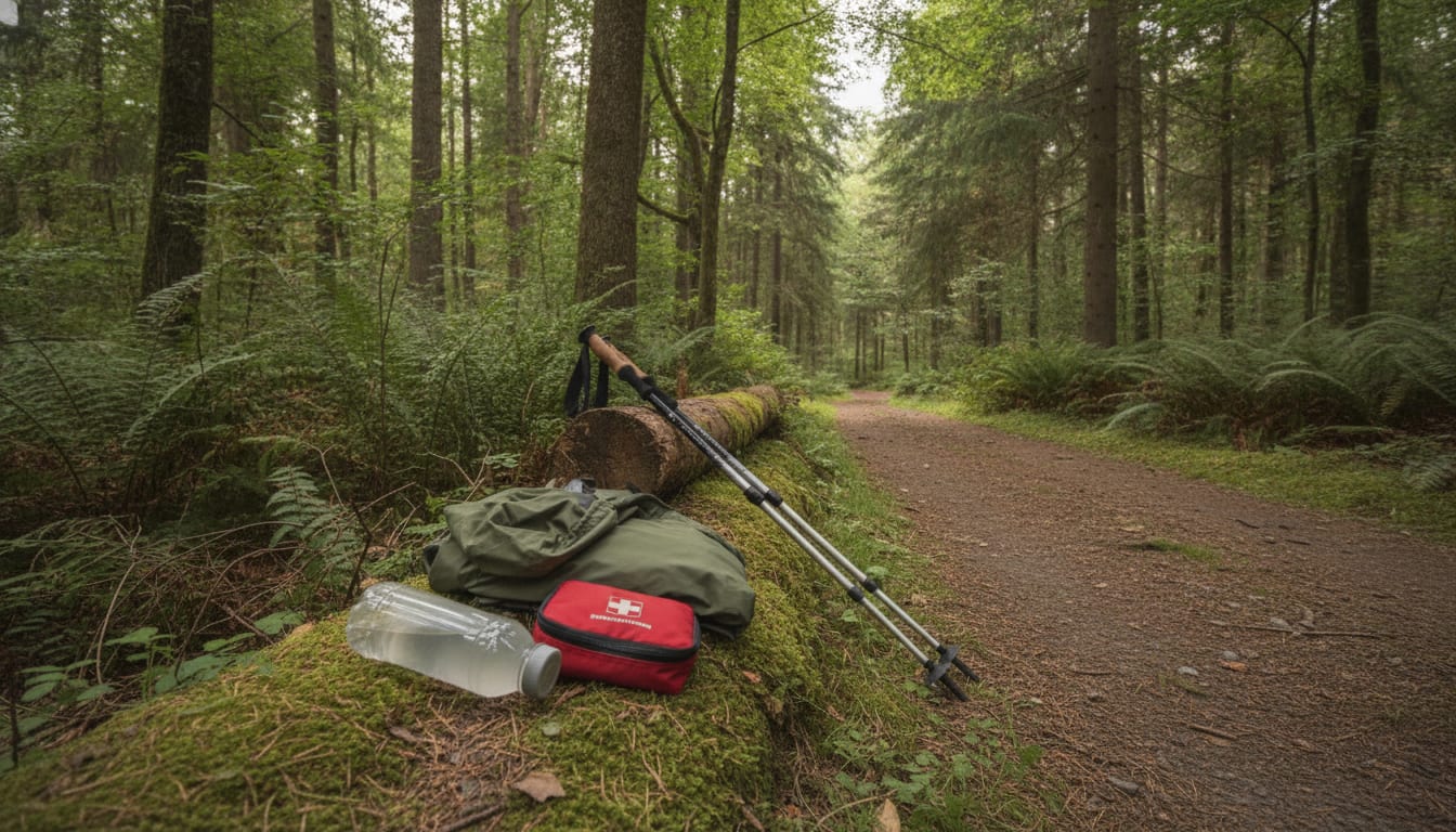 Short trails beside trekking poles, a backpack, red pouch, and bottle on mossy forest floor