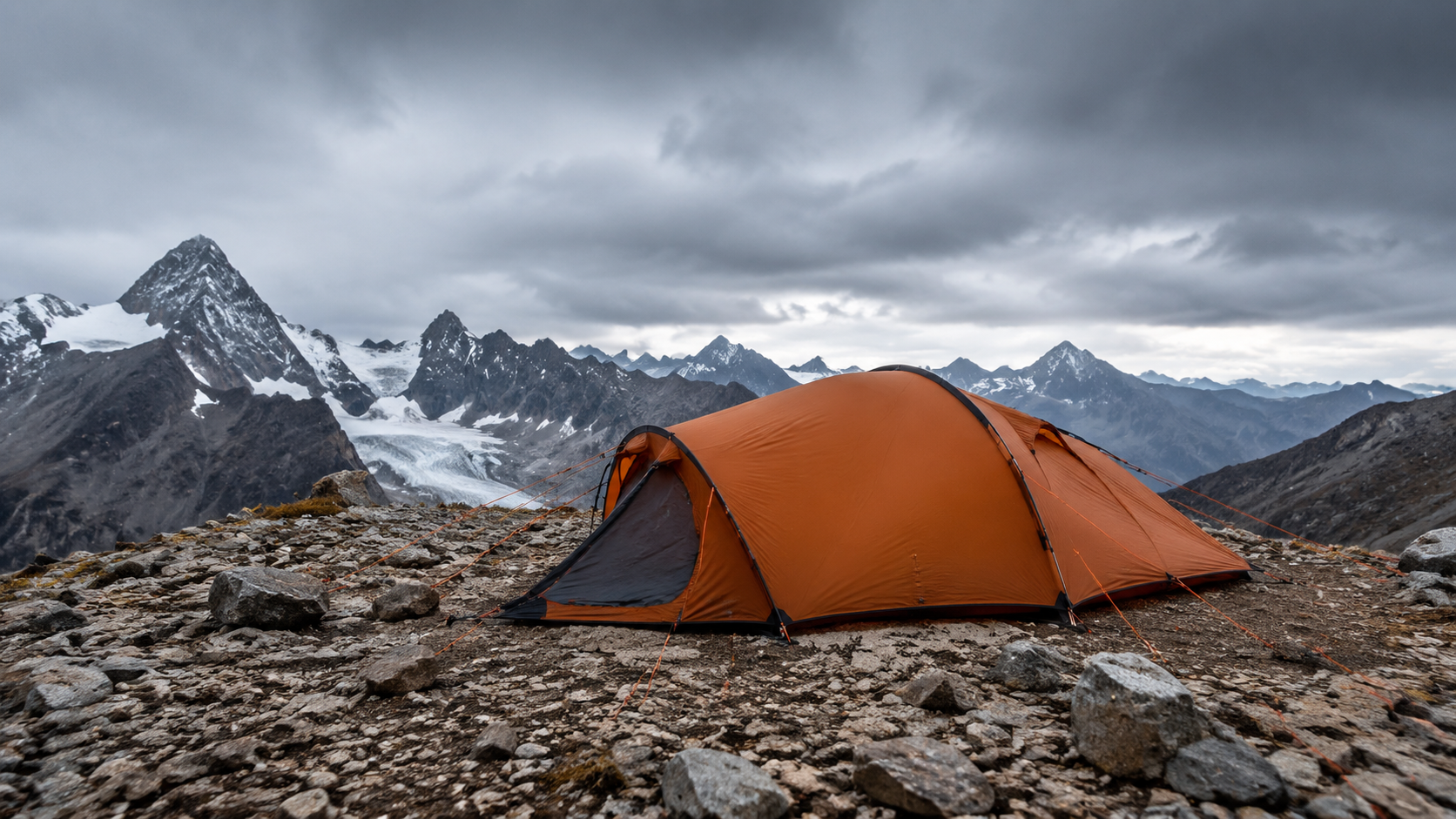Low-profile expedition tent pitched on a windy alpine ridge