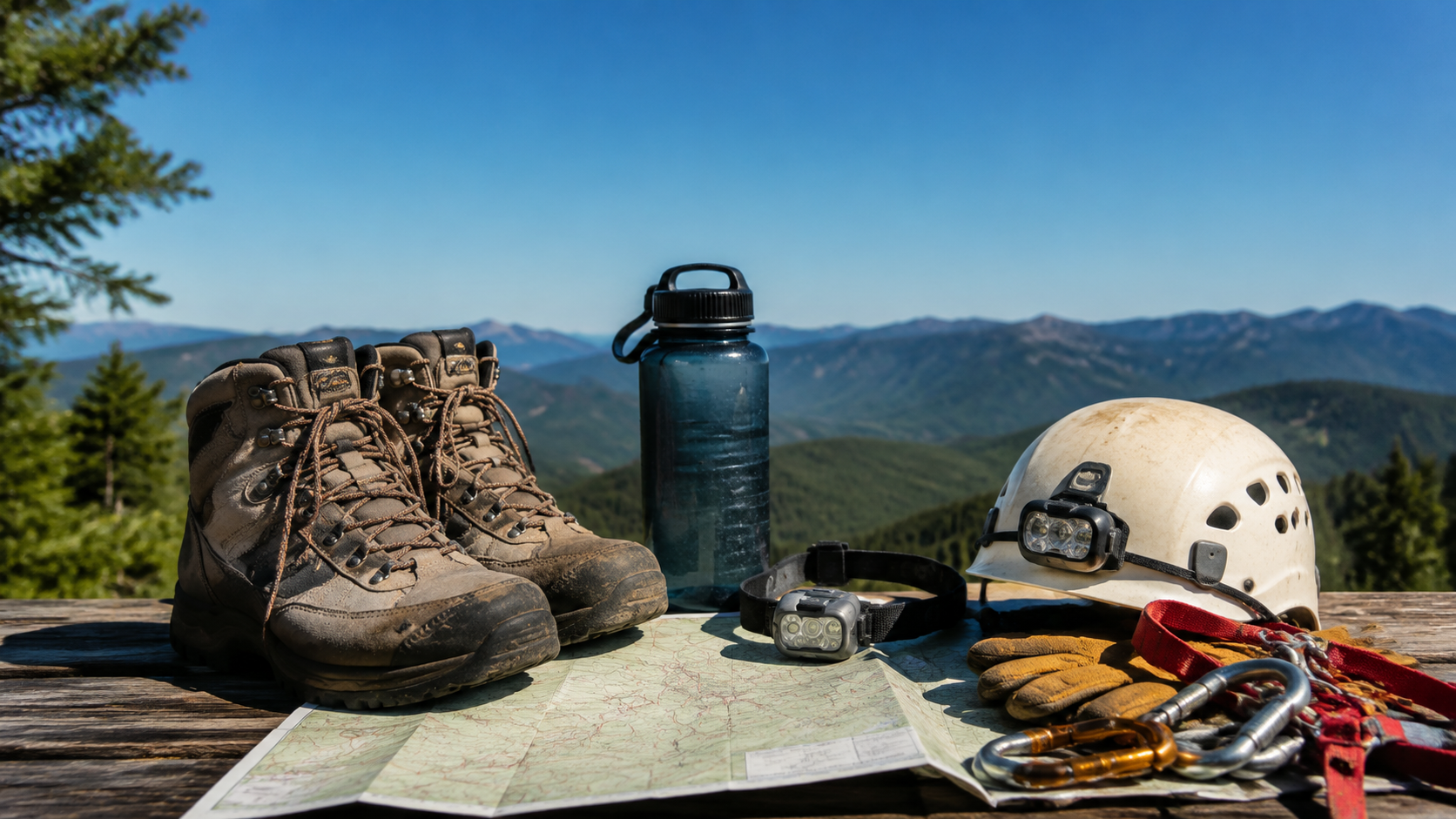 Essential cave hiking equipment including boots, headlamp, water, and first aid kit arranged on map