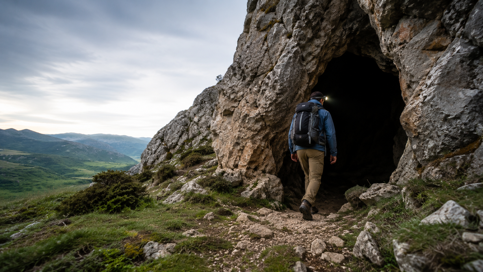 Hiker in caving gear entering a natural cave mouth with headlamp during daytime hike