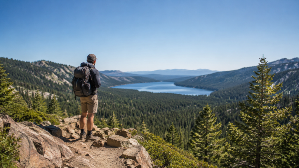 Hiker with backpack on mountain trail overlooking forest and distant lake landscape