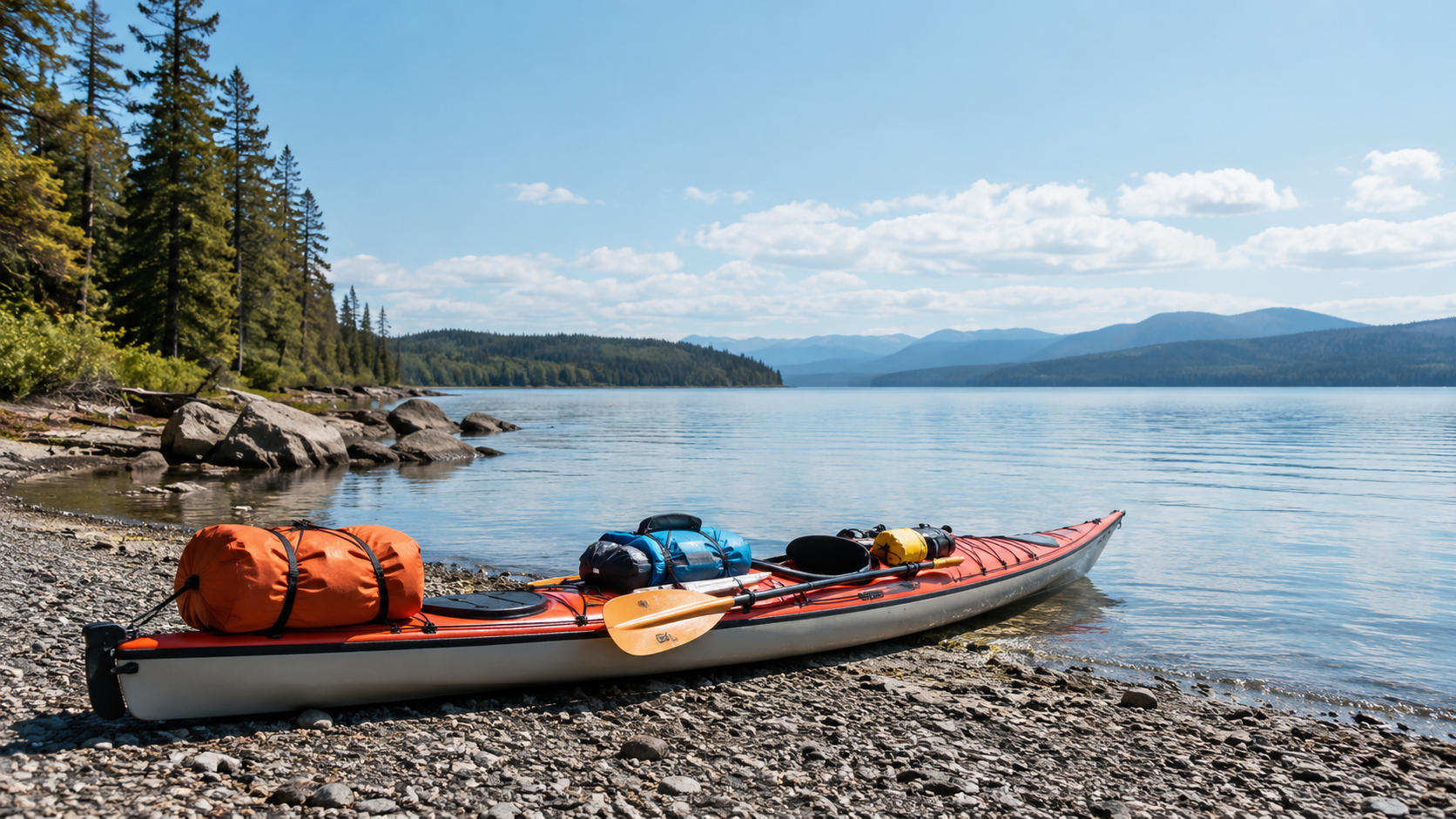 Loaded kayak with camping gear and paddles on remote wilderness lake shore