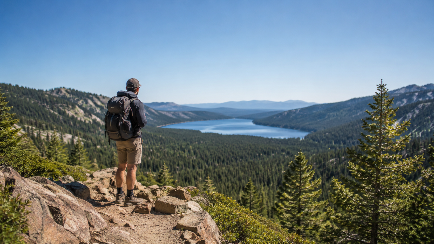 Hiker with backpack on mountain trail overlooking forest and distant lake landscape