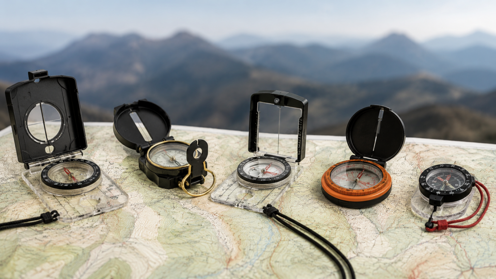 Collection of orienteering compasses with baseplate designs displayed on a topographic map