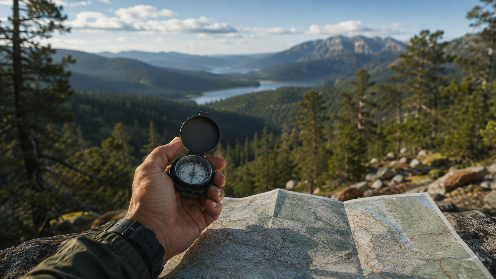 Hiker navigating with compass and topographic map in an outdoor trail environment