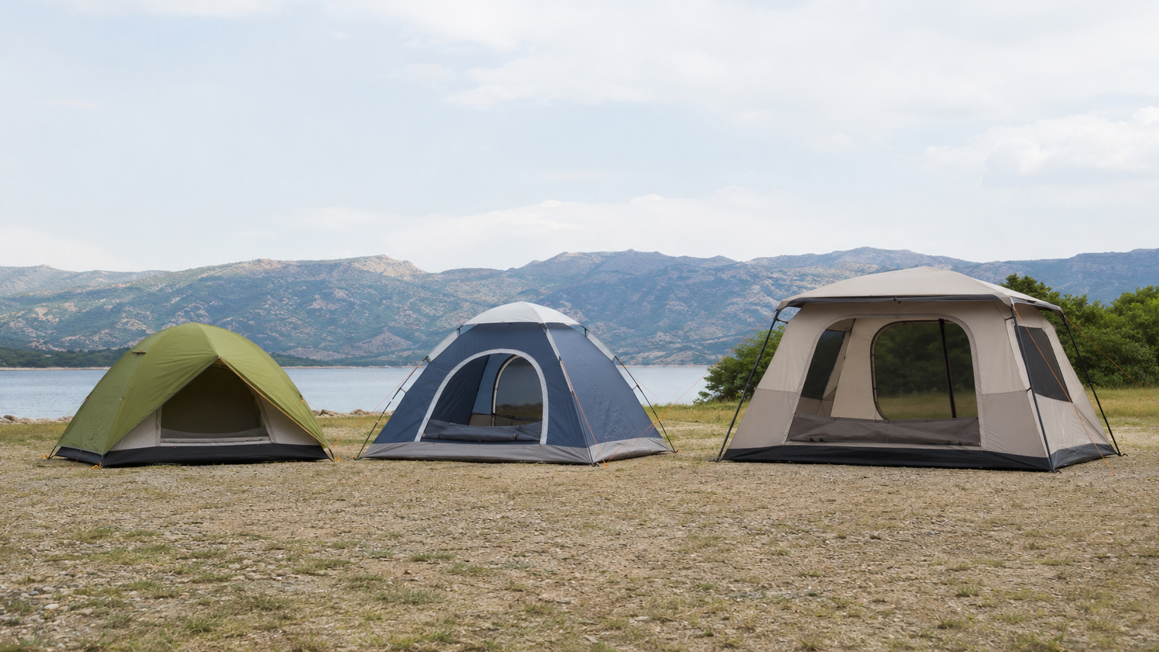Three budget tent models arranged to show comparative size and design differences