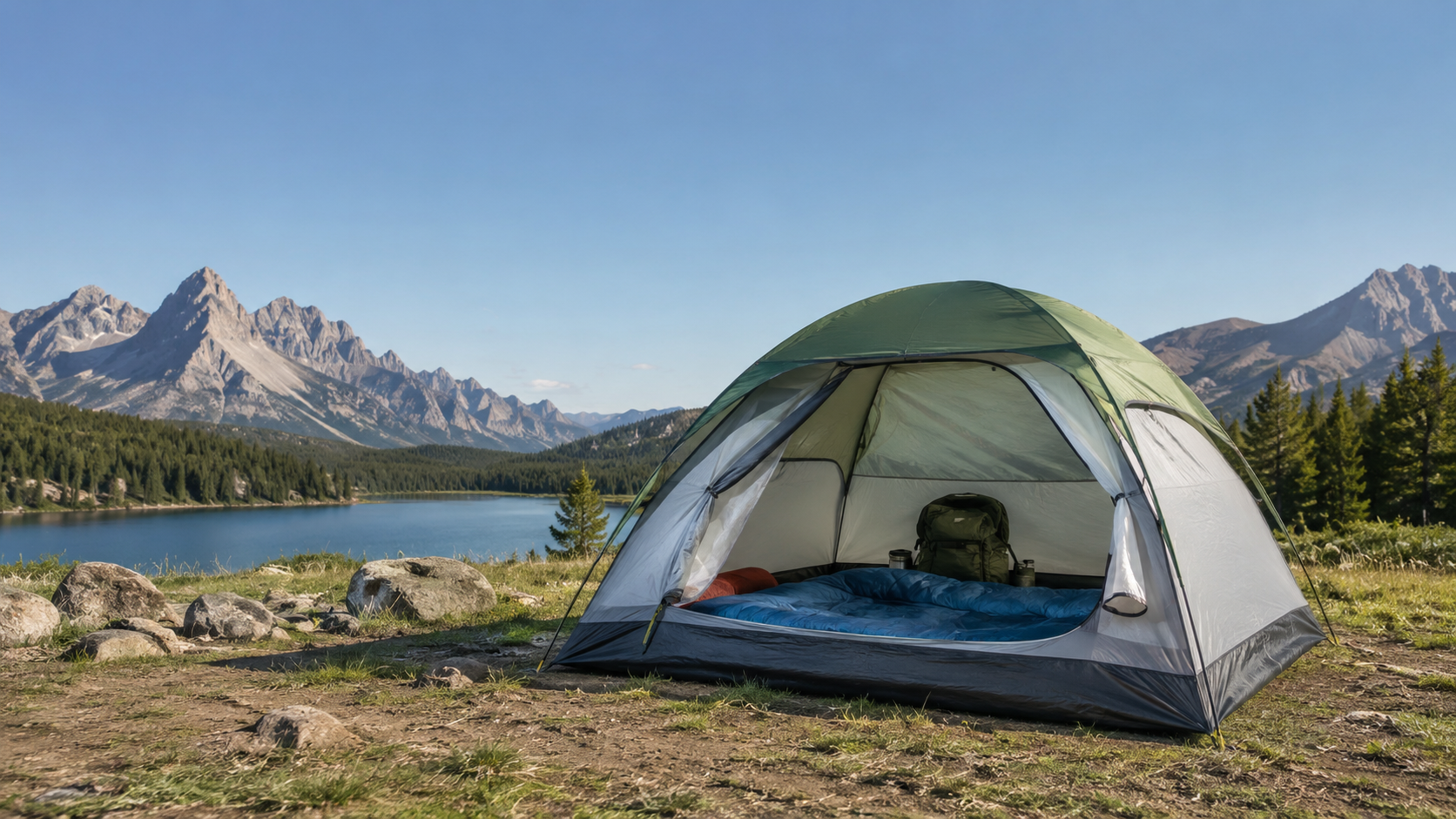 Budget dome tent pitched at a campsite with sleeping bag and gear inside