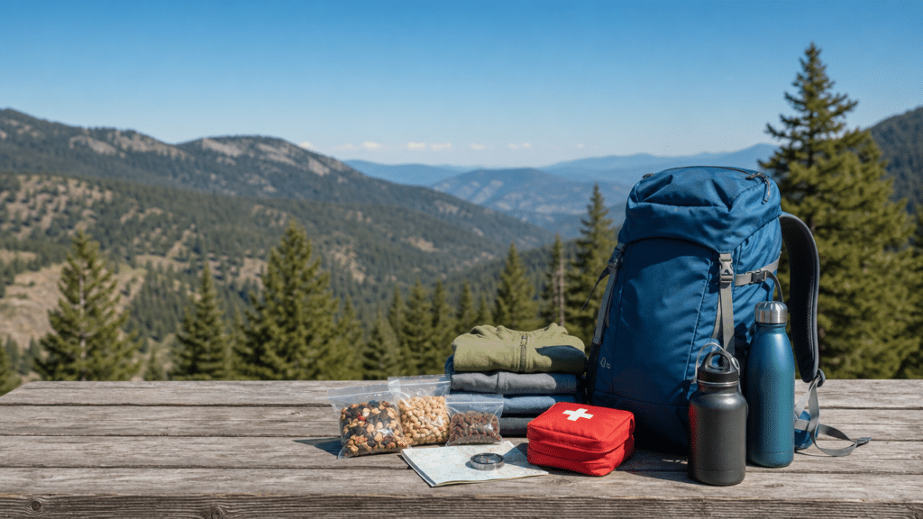 Organized daypack contents including water bottles, granola bars, extra jacket, and first aid supplies