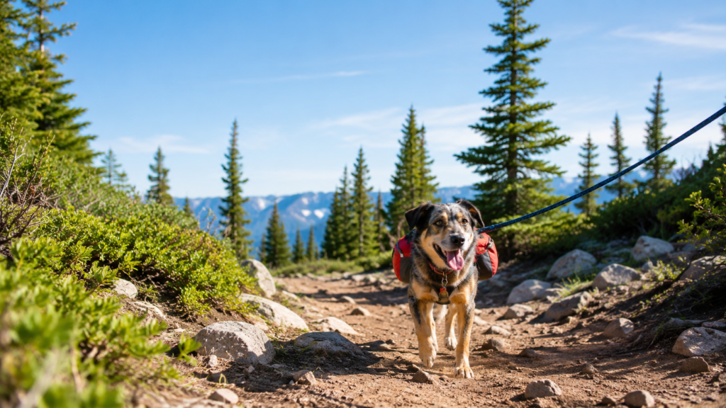 Dog wearing pack on forest hiking trail with owner