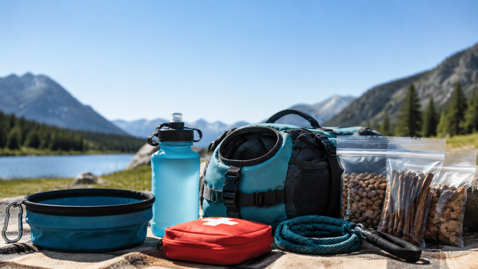 Dog hiking essentials and gear arranged on outdoor blanket