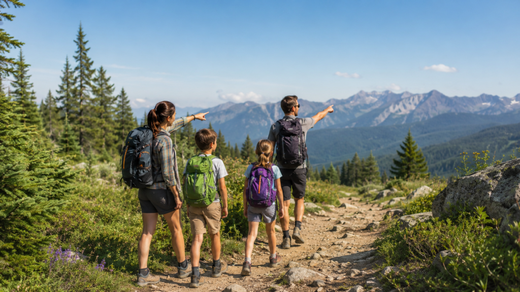 Family of four hiking together on woodland trail with children in backpacks and proper footwear