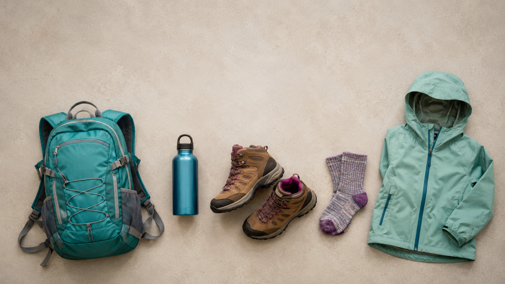 Children's hiking gear laid out flat including backpack, boots, water bottle, and jacket