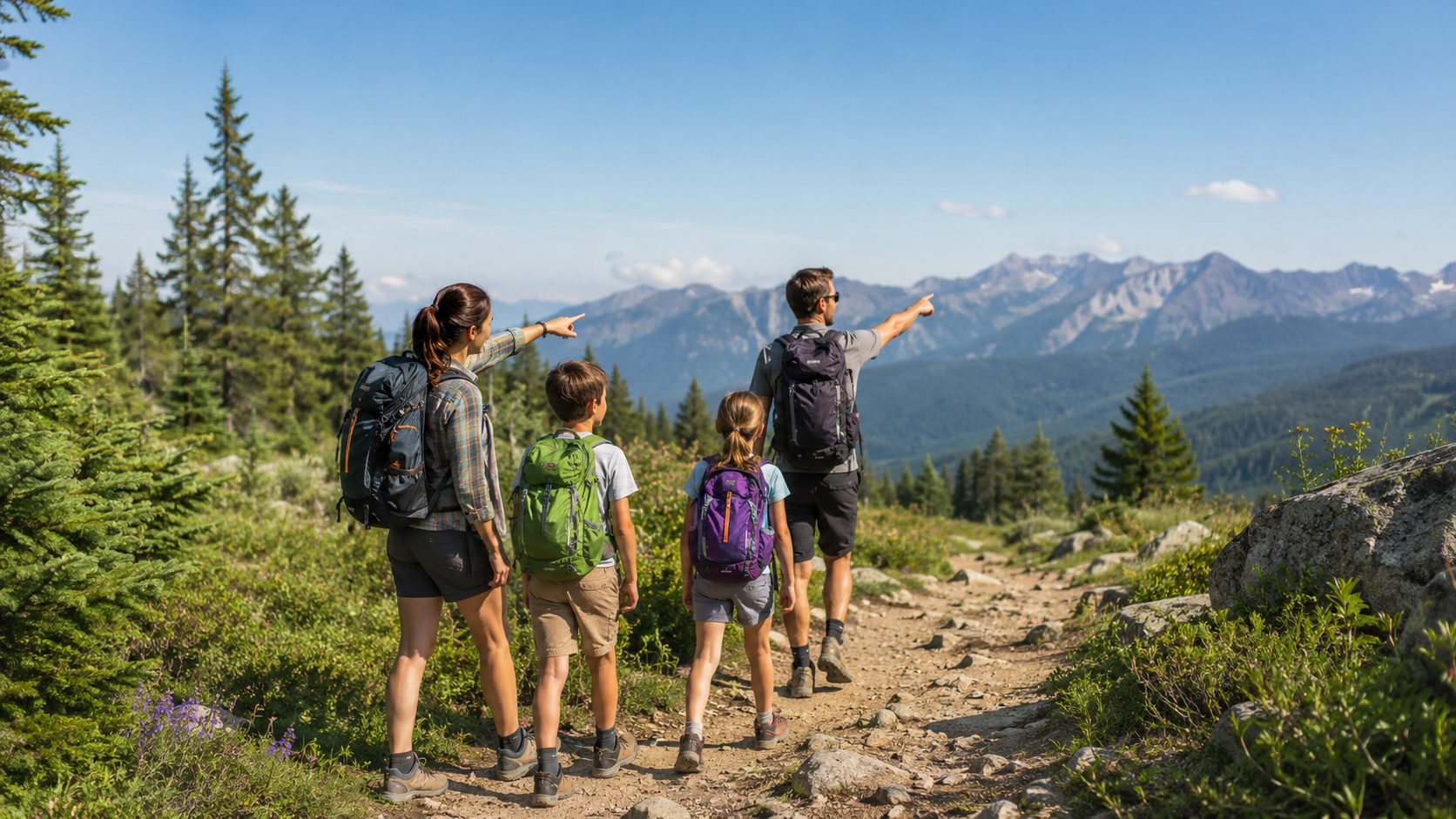 Family of four hiking together on woodland trail with children in backpacks and proper footwear