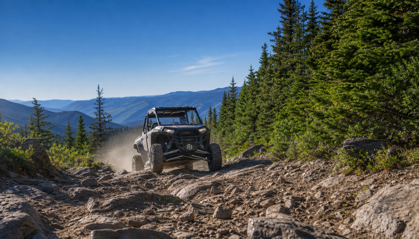 ATV on steep, rocky mountain trail surrounded by dense forest vegetation