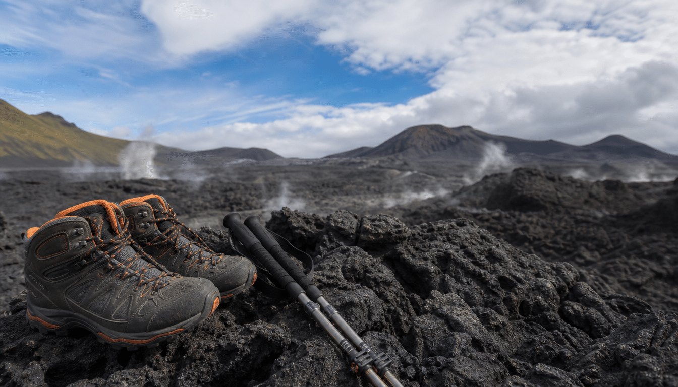 Hiking boots and poles on sharp volcanic rock with steam rising from ground vents